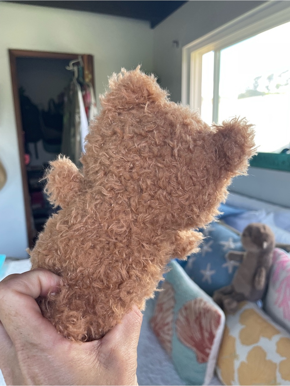 Jellycat Plush Brown Curly Bear on Blue Drawstring Bag - Picture 8 of 16